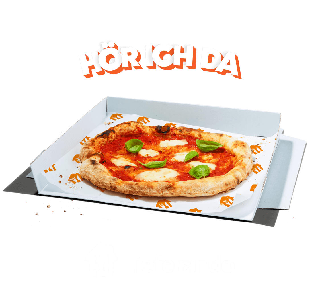 Image sur fond orange composée des mots Hör ich da au-dessus d’une pizza, et du logo Lieferando en dessous