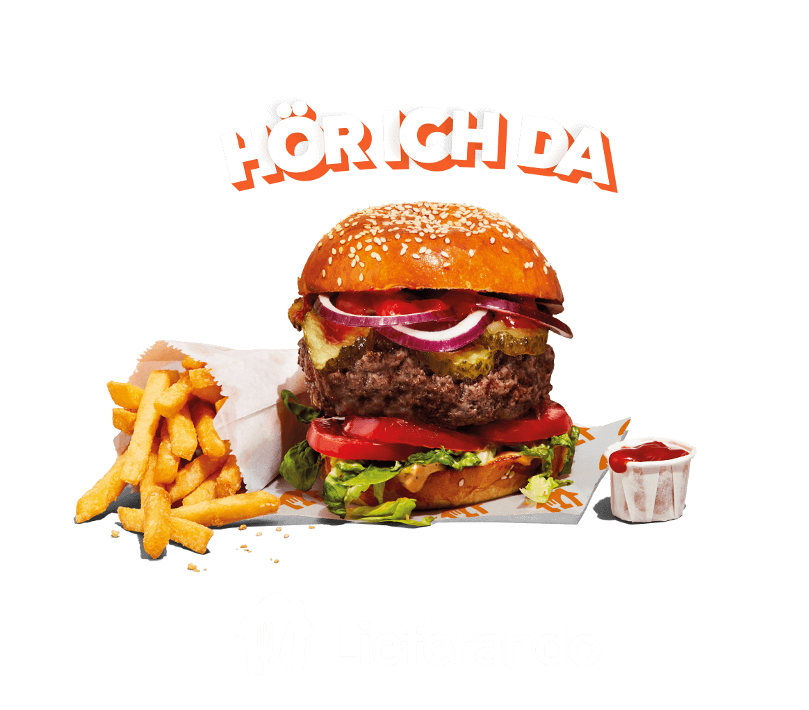 Image sur fond orange composée des mots Hör ich da au-dessus d’un hamburger avec des frites et du ketchup, et du logo Lieferando en dessous